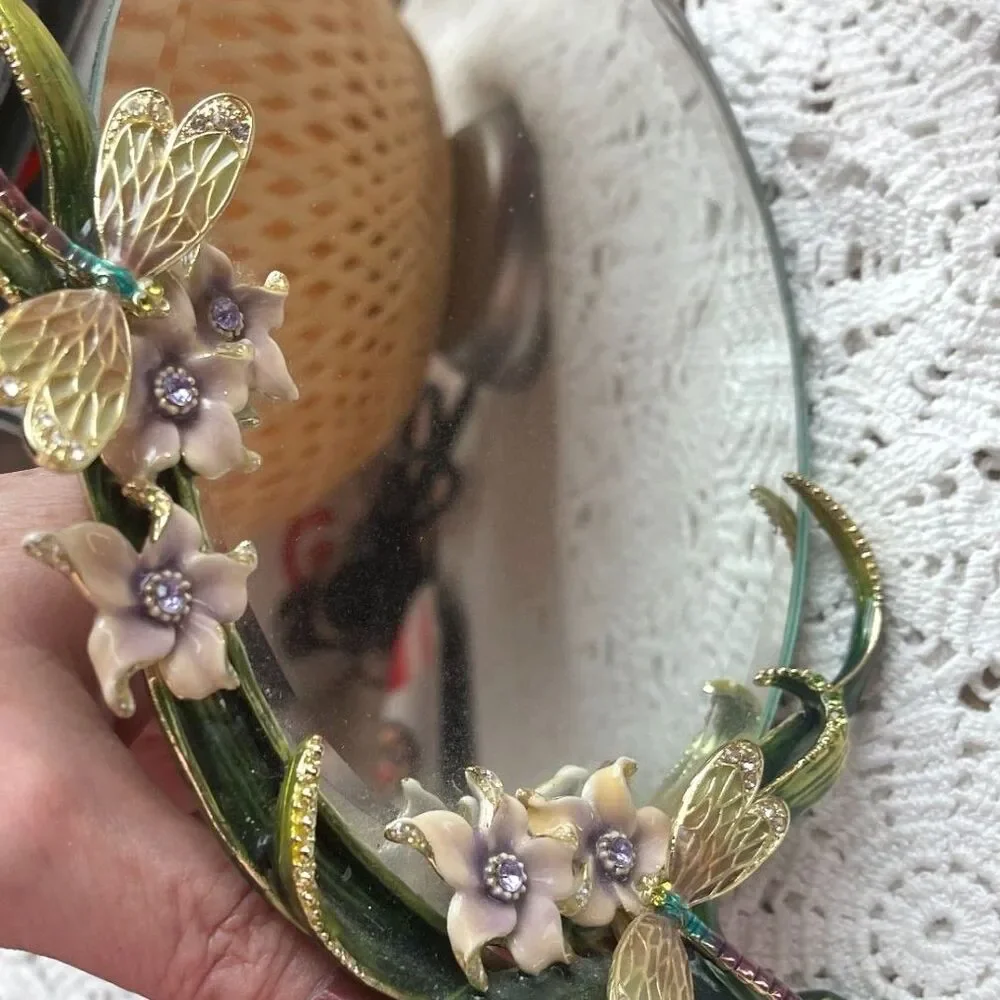 Vtg MCM Dragonfly Mirror Enamel Rhinestone Floral Jewelry Table Top Vanity Decor